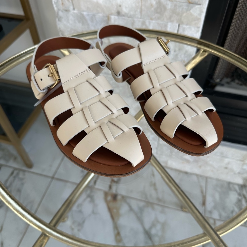 Mansur Gavriel Cream Leather Woven Fisherman Sandals with Brown Footbed